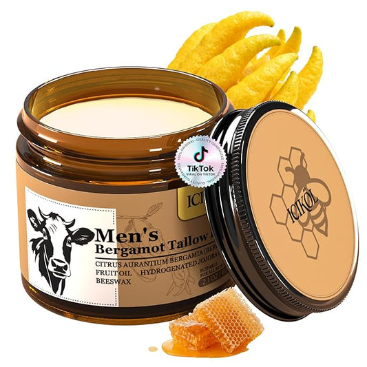 Organic Beef Tallow Honey Balm, Handmade Moisturizer Beef Tallow for Face, Grass Fed Beef Tallow for Dry Skin, Pure Natural Cream with Bergamot Scent,Designed for Men After Shave, 2.1oz