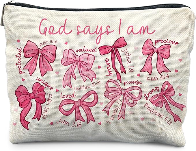 God Says I am Christian Makeup Bag for Women, Christian Gifts for Women Faith, Jesus Coquette Pink Bow Cosmetic Bag for Purse, Bible Verse Makeup Zipper Pouch