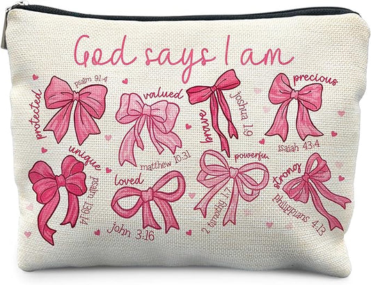 God Says I am Christian Makeup Bag for Women, Christian Gifts for Women Faith, Jesus Coquette Pink Bow Cosmetic Bag for Purse, Bible Verse Makeup Zipper Pouch