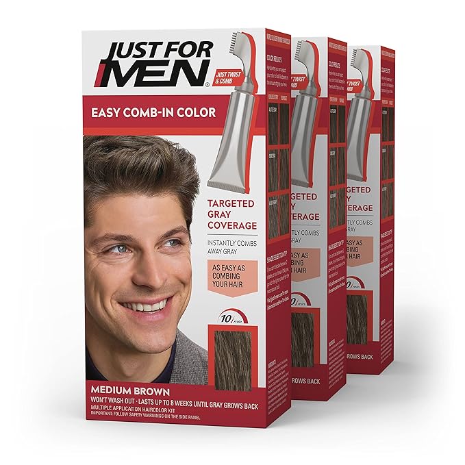 Just For Men Easy Comb-In Color Mens Hair Dye, Easy No Mix Application with Comb Applicator - Medium Brown, A-35, Pack of 3