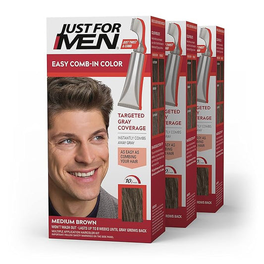 Just For Men Easy Comb-In Color Mens Hair Dye, Easy No Mix Application with Comb Applicator - Medium Brown, A-35, Pack of 3