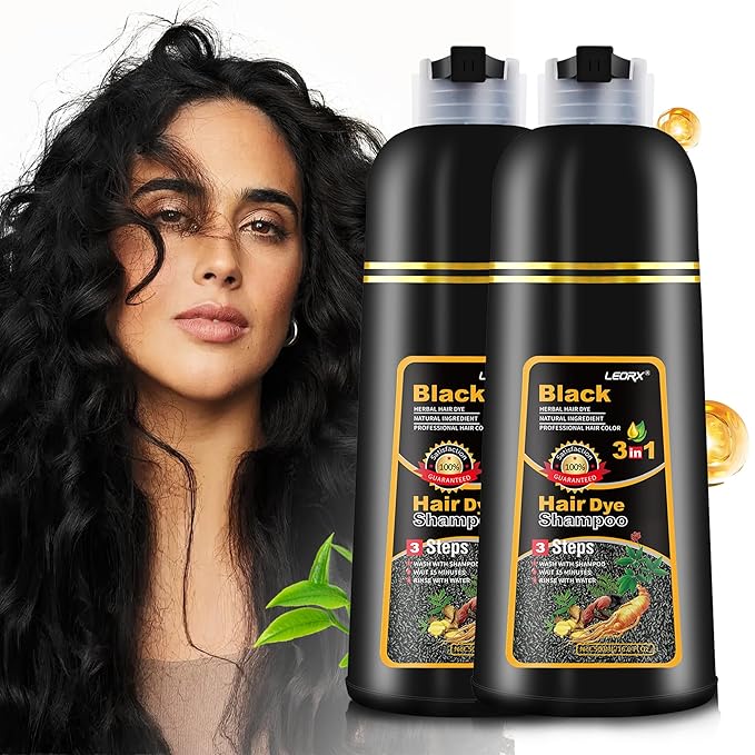 2 Pack Black Hair Dye Shampoo, Leorx 3 In 1 Black Color Shampoo Dye For Gray Hair Instant Herbal Coloring For Women & Men - Tintes Para El Cabello