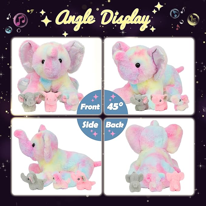 Hopearl LED Musical Stuffed Colorful Elephant Light up Singing Plush Toy Playset Mommy Elephant with 3 Baby Elephish in her Tummy Adjustable Volume Lullaby Animated Soothe Gifts for Kids, 18''