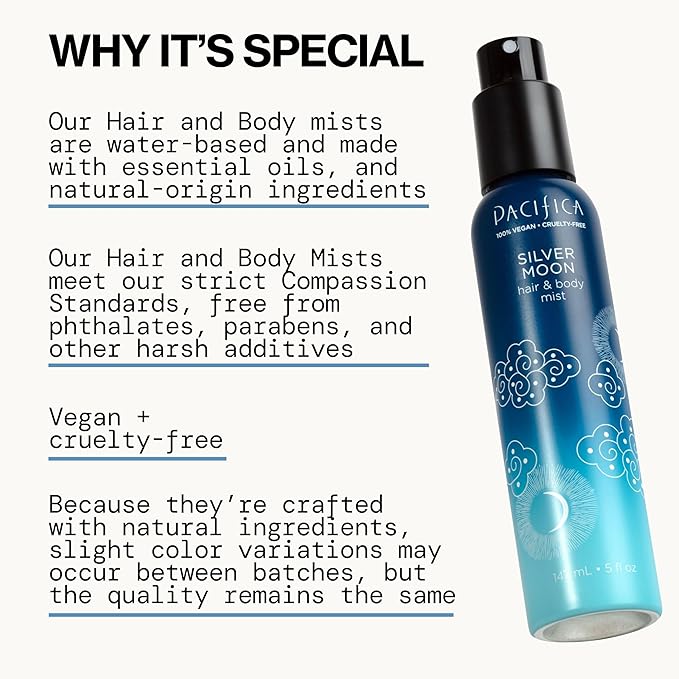 Pacifica Silver Moon Hair Mist Perfume & Full Body Spray for Women - Body Mist Fragrance w/BTonka, Santal, Cardamom, Vanilla Bean, Musk & Amber – Clean Beauty Alcohol-Free, Vegan & Cruelty-Free, 5 oz