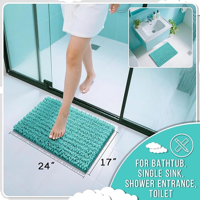Yimobra Bathroom Rugs Non Slip Washable - Ultra Soft Absorbent Chenille Bath Mat, Quick Dry Shaggy Floor Carpet for Tub Shower, Lake Blue Home Decor Accessories, 24x17 Inch