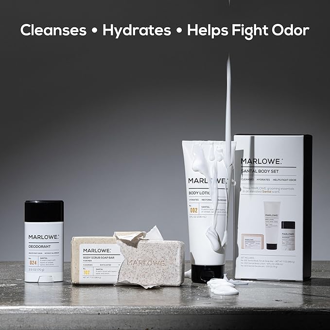 MARLOWE. Men's Grooming Santal Body Set, Features No. 102 Scrub Soap Bar, No. 024 Deodorant & No. 002 Body Lotion, Warm Amber, Sandalwood & Citron Scent