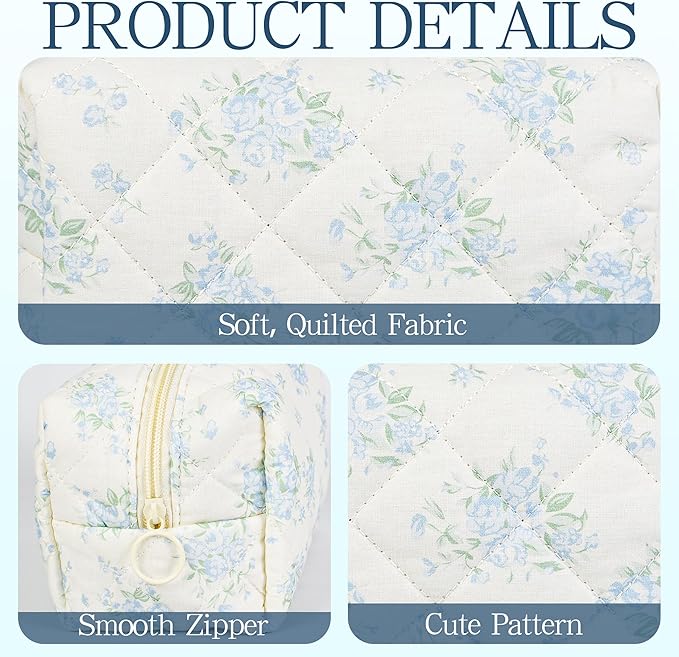 Quilted Makeup Pouch,Cotton Puffy Makeup Bag, Coquette Cosmetic Bag for Women and Girls, Aesthetic Organizer Bag, Cute Flower Travel Toiletry Bag