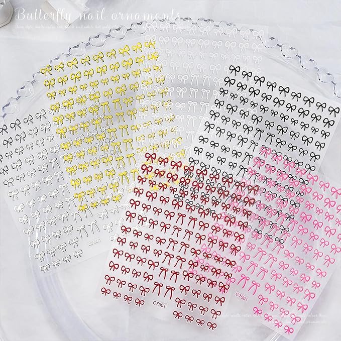12 Sheets Self-Adhesive Bow Nail Stickers - 3D Decals for Nail Art - Black, White, Pink - DIY Manicure Decorations for Women & Girls
