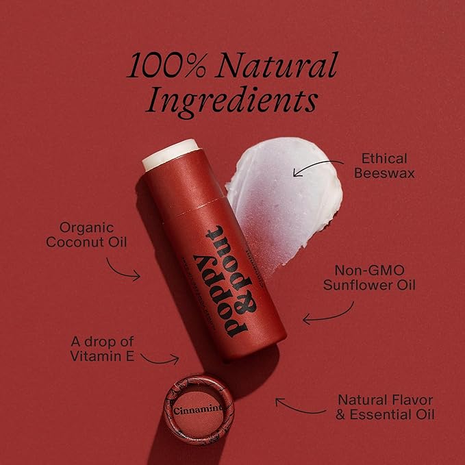 Poppy & Pout Lip Care Set | Lip Balm & Scrub | Sustainable Cardboard Tubes & Glass Jars, All Natural, Beeswax, Coconut Oil, Cruelty Free, Exfoliating & Moisturizing Lip Treatment (Cinnamint)