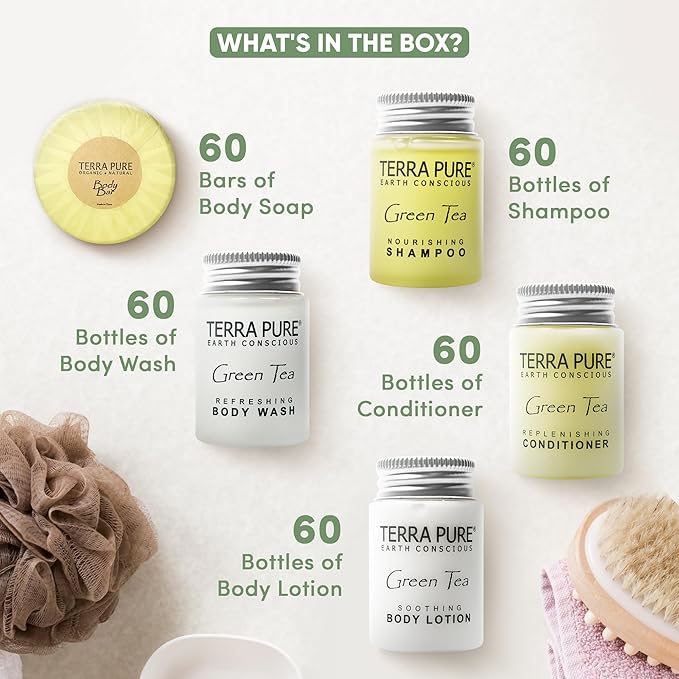 Terra Pure Hotel Soaps & Toiletries Bulk Set | 1-Shoppe Amenities Kit | 1oz Shampoo & Conditioner, Body Wash, Lotion, 1.25oz Bar Soap | Travel Size | 300 Pieces