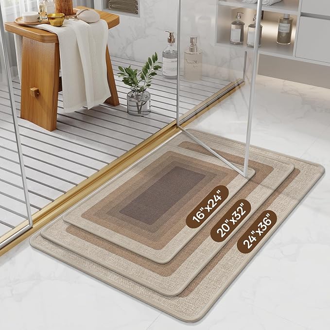 Non Slip Bath Mat Bathroom Rugs, Quick Dry Super Absorbent Washable Shower Bath Mats, Rubber Backing Ultra Thin Bathroom Rug Fit Under Door, Brown 24x36