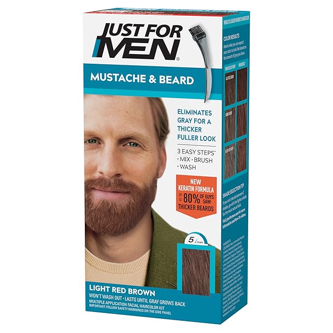 Just For Men Mustache & Beard, Beard Dye for Men with Brush, With Keratin Biotin Aloe and Coconut Oil for Healthy Facial Hair - Light Red Brown, M-27, Pack of 1 (Packaging May Vary)