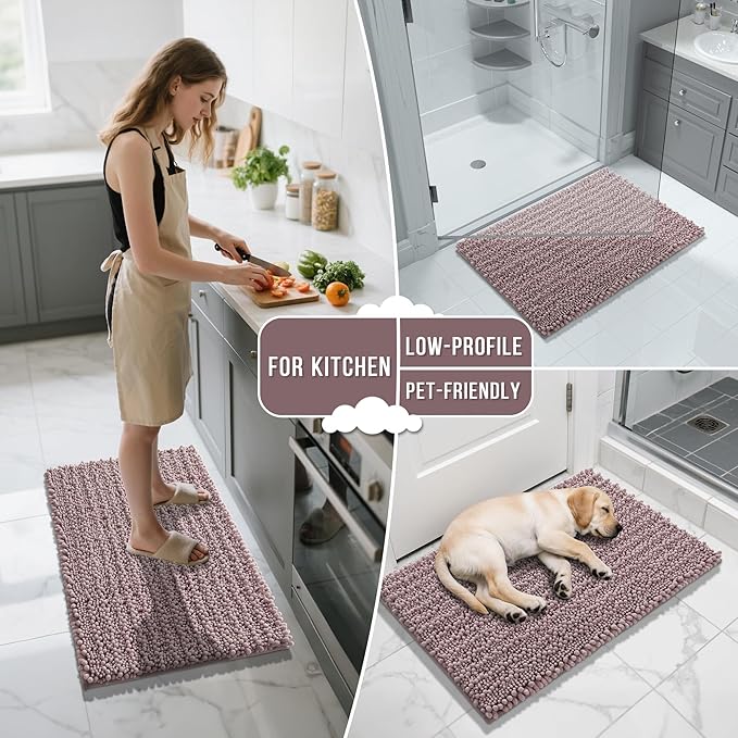 Yimobra Bathroom Rugs Non Slip Washable 32x20 Inch - Ultra Soft Absorbent Chenille Bath Mat, Quick Dry Shaggy Floor Carpet for Tub Shower, Mauve Home Decor Accessories