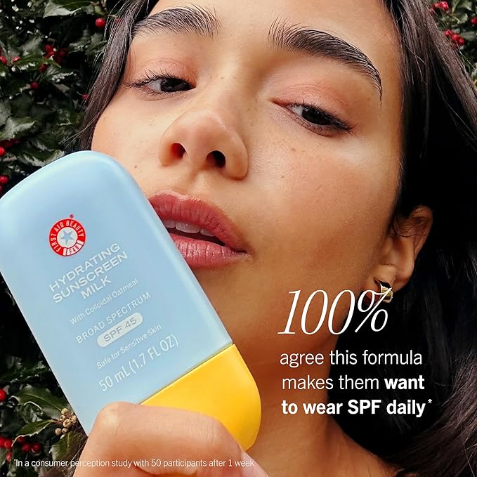 First Aid Beauty - Hydrating Sunscreen Milk with Colloidal Oatmeal, Broad Spectrum SPF 45, Non-comedogenic SPF Formula Helps Nourish Skin with Organic UV Filters & Glycerin, 24-hour Hydration, 1.7 oz