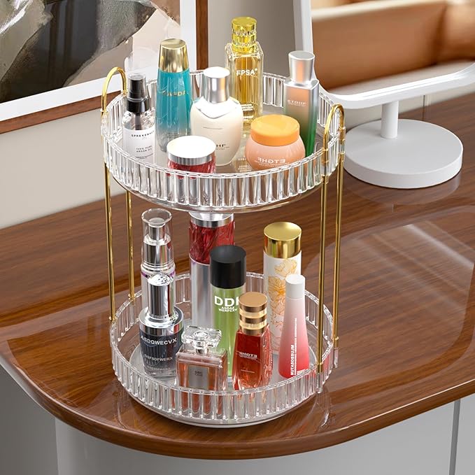 GTI 360°Rotating Makeup Organizer, 2 Tier Bathroom Counter Organizer,Large Capacity Perfume Cosmetics Skincare Vanity Organizers, Dresser Spinning Countertop Organizer and Storage for Women (Clear)