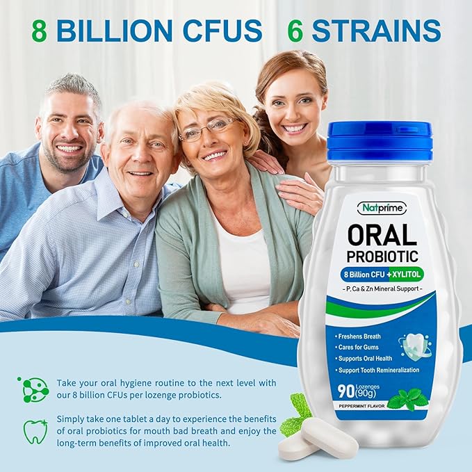 Oral Health Probiotics for Mouth Bad Breath - 8 Billion CFU 6 Strains with Prebiotics & Ca, Dental Probiotics for Teeth and Gums, Fresh Breath, 90 Mouth Probiotic Lozenges for Adults (Mint)