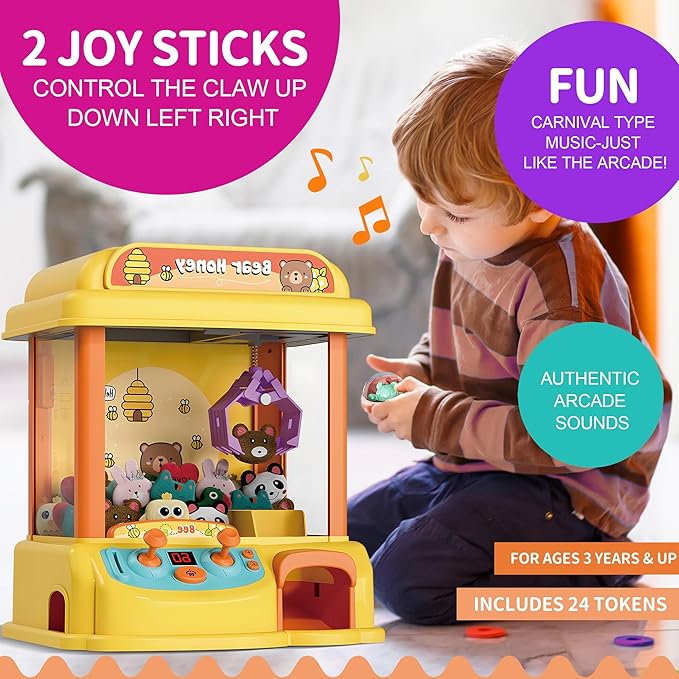 Kids Claw Machine - Toy Vending Machine for Kids with Plush Prizes, Lights & Sound, Electronic Claw Game Machine for Boys & Girls, Arcade Prize Dispenser for Party & Birthday Gifts