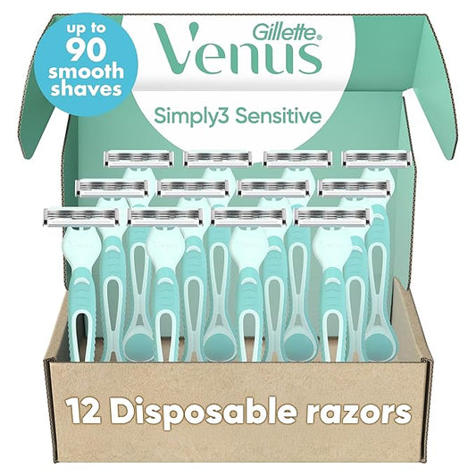 Gillette Venus Simply 3 Sensitive Disposable Razors, Sensitive Skin, 3 Bladed Razors, Pivoting Head for Incredible Comfort, Soft Grip Handle, 12 Count
