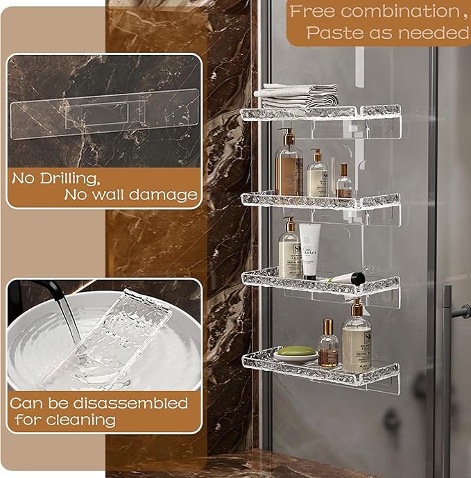 Shower Organizer, Wall Floating Shelf, Clear Wall Mounted Organizer for Bathroom Storage and moreAcrylic No Drill Wall Mount Adhesive Shelf
