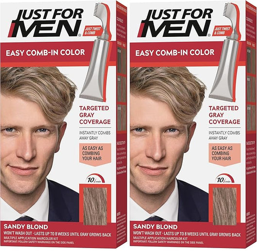 Just For Men Easy Comb-In Color Mens Hair Dye, Easy No Mix Application with Comb Applicator - Sandy Blond, A-10, Pack of 2