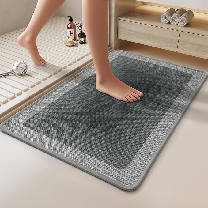 Non Slip Bath Mat Bathroom Rugs, Quick Dry Super Absorbent Washable Shower Bath Mats, Rubber Backing Ultra Thin Bathroom Rug Fit Under Door, Grey 20x32