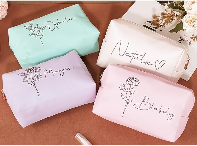 DayOfShe Personalized Makeup Bag with Name and Birth Flower Bridesmaid Gifts Stocking Stuffers for Women Teenage Girls Gifts, Custom Travel Makeup bag for Bridal Shower Gifts