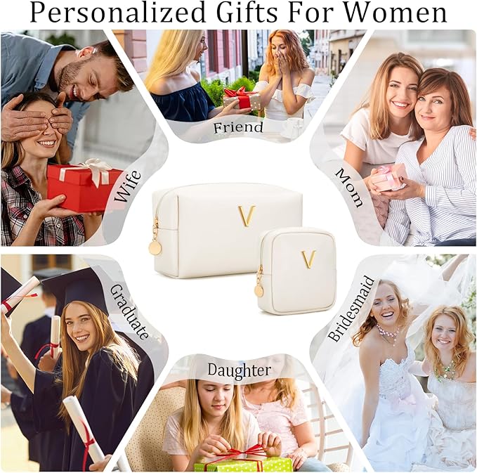 Personalized Christmas Gifts for Women - Initial Makeup Bag Birthday Gifts for Women Travel Toiletry Bag Cosmetic Bags with Soft PU Leather (Beige V)
