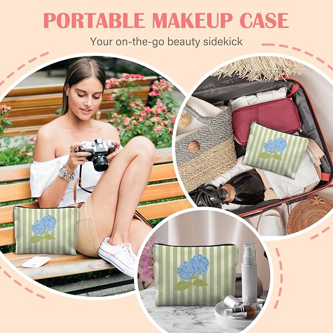 Blue Hydrangea Floral Makeup Bag for Women, Cottagecore Botanical Blue Flower Green Striped Cosmetic Bag for Purse, Floral Makeup Zipper Pouch