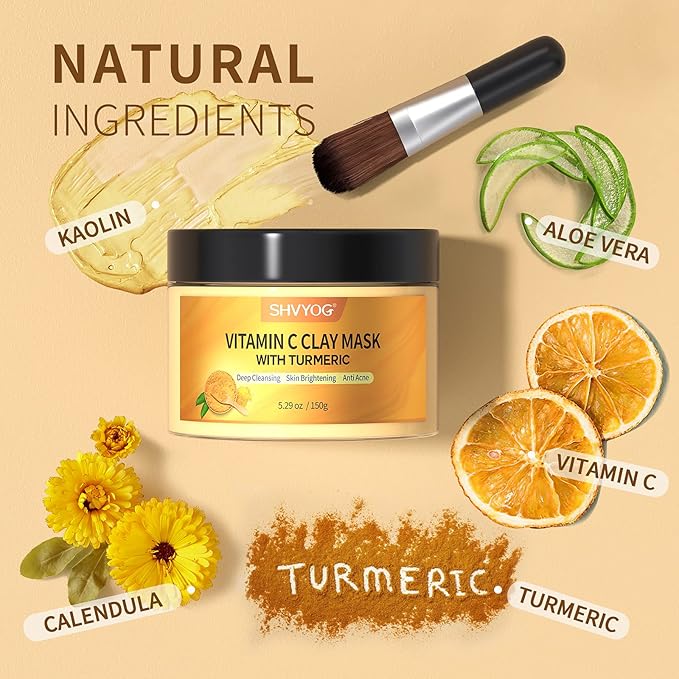 SHVYOG Vitamin C Face Mask with Kaolin Clay and Turmeric for Dark Spots, Dull Skin, Skincare Facial Mask for Controlling Oil and Refining Pores 5.29 Oz