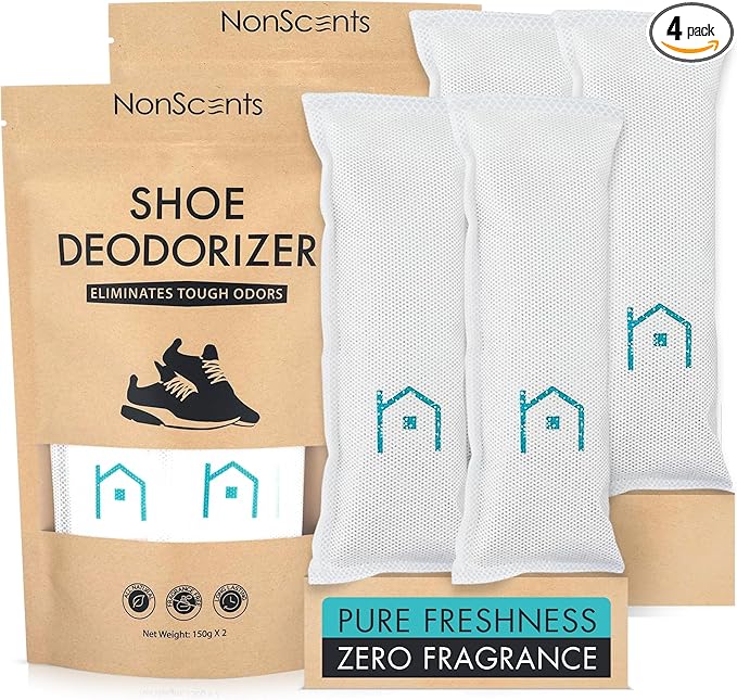 NonScents Shoe Deodorizer 2-Pack (4 Count) - Odor Eliminator, Air Freshener, Smell Absorber, Scent Remover for Shoes, Gym Bags, Soccer Cleats, Closets, Pet Area, Reusable - Shoe Deodorant