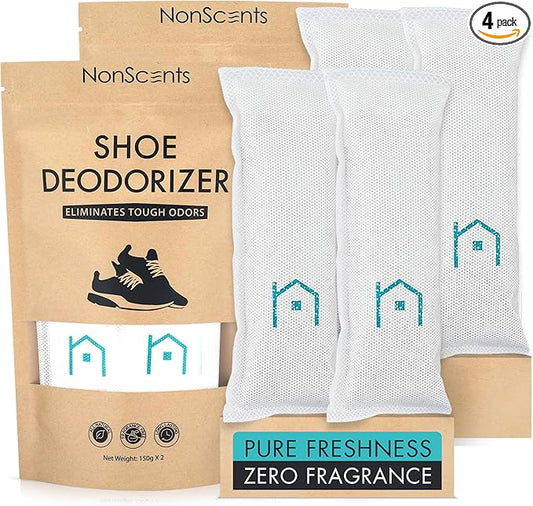 NonScents Shoe Deodorizer 2-Pack (4 Count) - Odor Eliminator, Air Freshener, Smell Absorber, Scent Remover for Shoes, Gym Bags, Soccer Cleats, Closets, Pet Area, Reusable - Shoe Deodorant