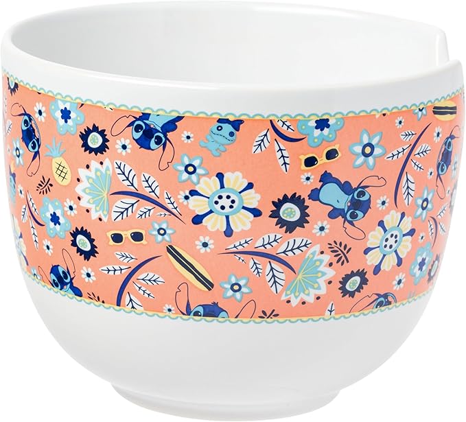 Silver Buffalo Disney Lilo and Stitch Flower and Leaves Pattern Ceramic Ramen Noodle Rice Bowl with Chopsticks and Spoon, Microwave Safe, 20 Ounces