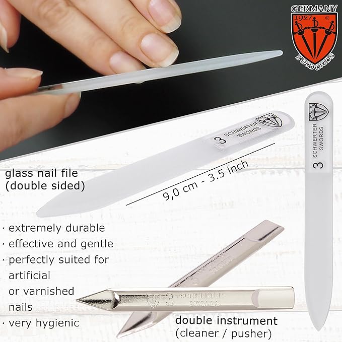 3 Swords Germany - Brand Quality 6 Piece Manicure Pedicure Grooming kit Set - Scissors, Metal and Glass Nail File, Clipper, Tweezers with Synthetic Leather case - Brown II