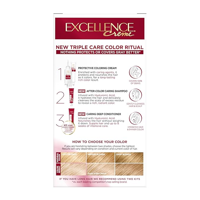 L'Oreal Paris Excellence Crème Permanent Hair Dye, Triple Care Hair Color with Pro-Keratine Complex for 100% Gray Hair Coverage, 9 Light Natural Blonde, 1 Kit