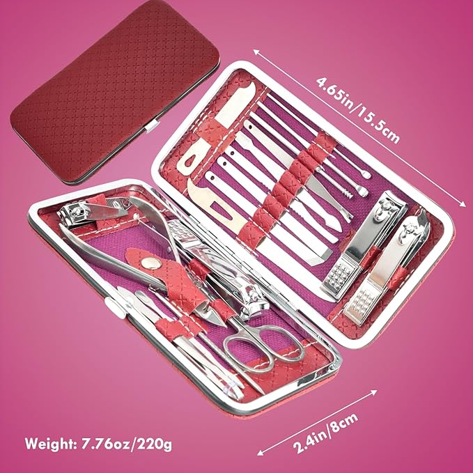 Manicure Set - 19 in 1 Professional Nail Clippers Pedicure Kit, Manicure Tool Kit, Stainless Steel Facial Grooming Set Kit, Gift Idea for Women, Men, Girls, Teens, Red