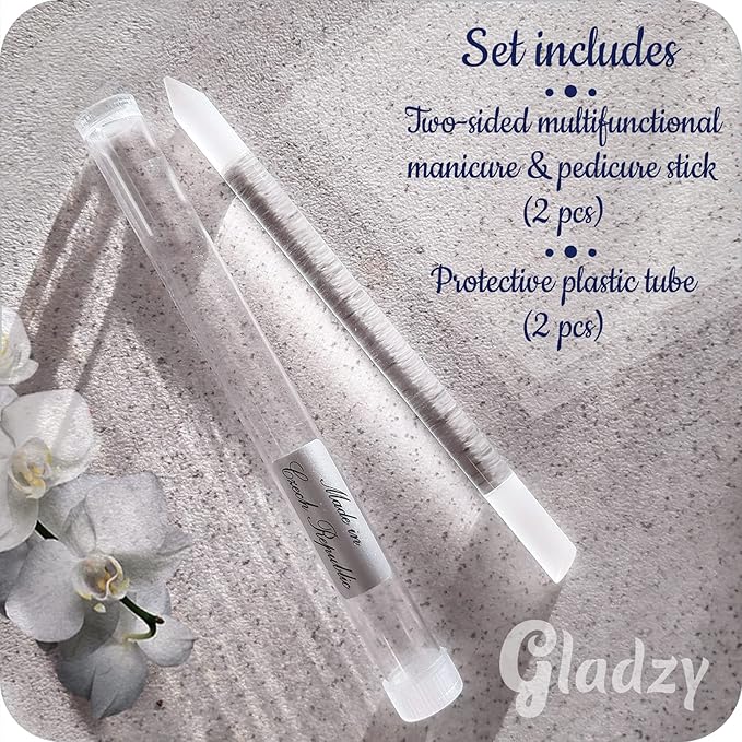 GLADZY Glass Cuticle Pusher Tool - 2 pcs Dual Ended Manicure Stick, Etched Crystal Glass Cuticle Remover, Callous and Dry Skin Fingertip File, Nail Shaper, Professional Nail Care, Ethically Made in EU