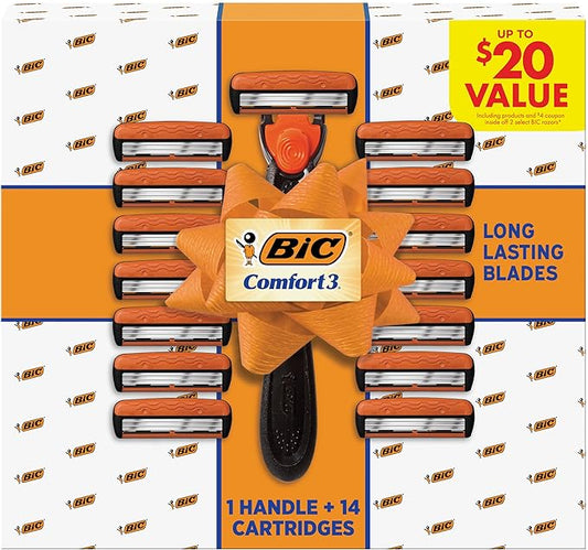 BIC Comfort 3 Refillable Men's 3-Blade Razors Holiday Gift Set, 1 Handle and 14 Cartridges, Stocking Stuffer for Men
