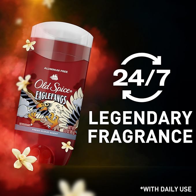 Old Spice Aluminum Free Deodorant for Men, 24/7 Odor Protection, 24/7 Freshness & Lasting Scent, Goes on Clear, Eaglefangs with Fresh Cloud Scent, 3.0 oz (Pack of 3)