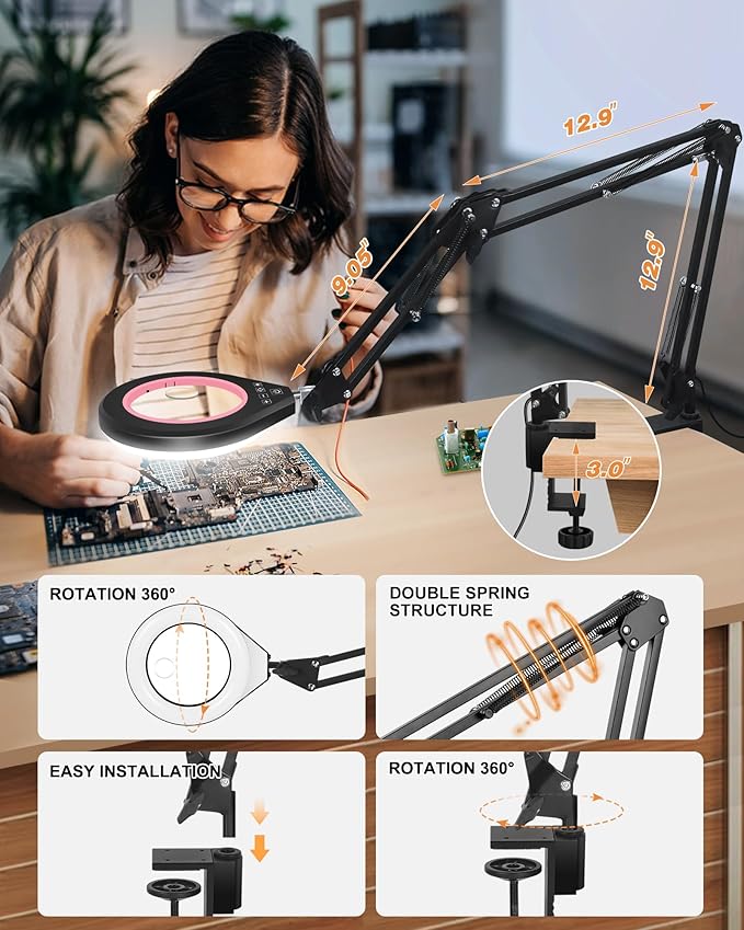 10X & 5X Magnifying Glass with Light, Ultra Long Swing Arm, 5 Colors & 10 Brightness, Real Glass Lens Large Magnifying Lamp for Craft Painting Workbench Jewelry Making Hobby Close Work (Pink)