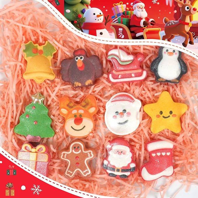 Christmas Bath Bombs for Kids & Women, Handmade Bath Bomb Gift Set of 12 Festive Shapes, Perfect Stocking Stuffers for Teen Girls & Boys, Skin Care Bathbombs as Christmas Gifts for Kids
