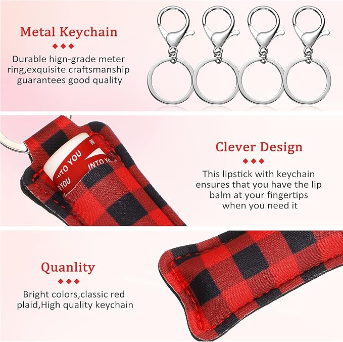 MTLEE 40 Buffalo Plaid Lipstick Holder Keychains Red and Black Lip Balm Sleeve Pouch Lipstick Holder Keychains with Metal Clip Cords Lip Balm Keychain Set for Women Girls Christmas Decoration