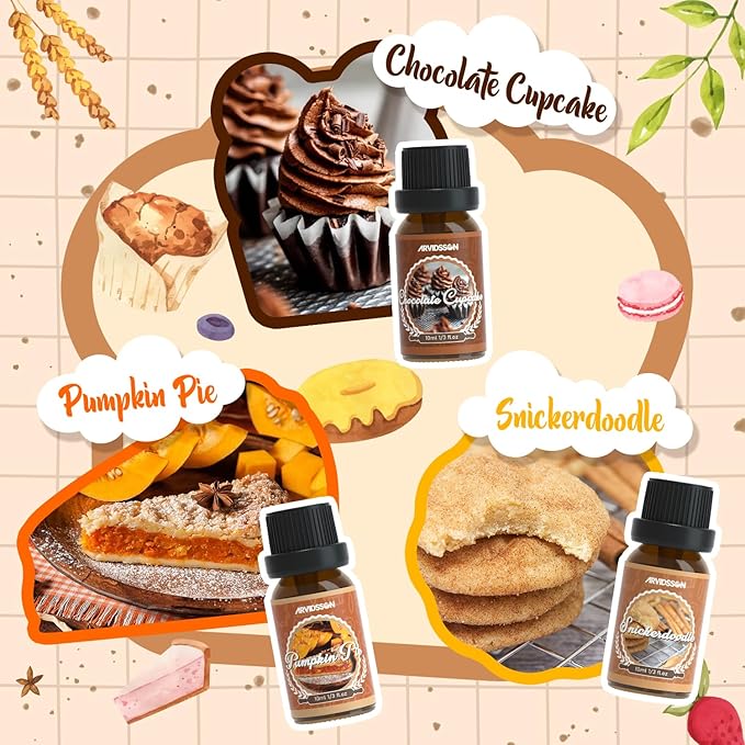 Bakery Fragrance Oils Set, ARVIDSSON Bakery Dessert Essential Oils for Candle Making, Pumpkin Pie, Snickerdoodle, Gingerbread, Creamy Vanilla and More, Cozy Fall Essential Oils for Diffuser