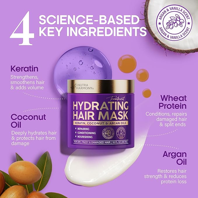 Deep Conditioning Hair Mask for Damaged & Dry – After Hair Relaxer Keratin Treatment for Curly & Color-Treated – Anti-Frizz & Split Ends Repair with Collagen, Biotin, Argan & Coconut Oils – 10 oz