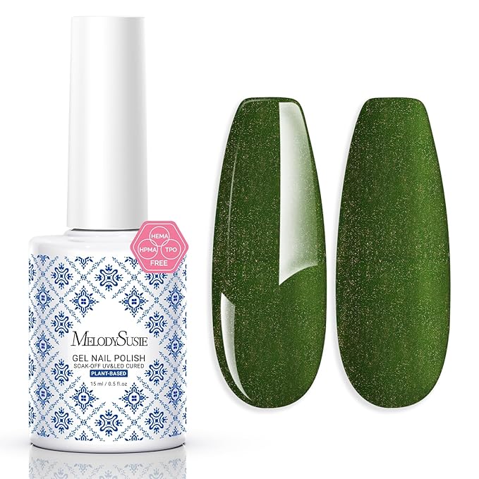 MelodySusie Fleurwee Plant Based Gel Nail Polish, Hema Free Glitter Dark Green Nail Polish Soak Off UV LED Gel Polish Gift for Women 21 Non Toxic Long Lasting Nail Art Manicure Salon DIY at Home P52