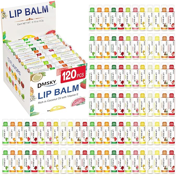 DMSKY 120 Pack Lip Balm, Natural Lip Balm Bulk with Vitamin E and Coconut Oil, Moisturizing Lip Balms for Chapped Lips-12 Flavors