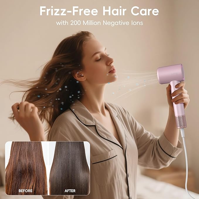 Hair Dryer, TurboLux Ionic 200 Million Negative Ions 1500W Fast Drying High Speed Hairdryer with Diffuser, Lightweight, Low Noise Hair Dryers for Women with 110000 RPM Brushless Motor (Pink)