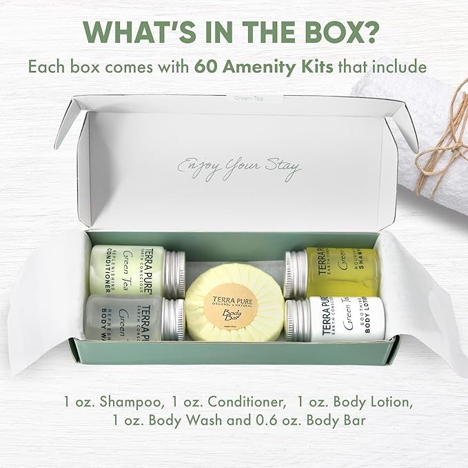 Terra Pure Green Tea Amenity Kit | Boxed Hotel Bulk Toiletries | 1 oz Shampoo, Conditioner, Lotion, Body Wash, Body Bar Soap for Guest Hospitality Vacation Rentals | 60 Sets/Case