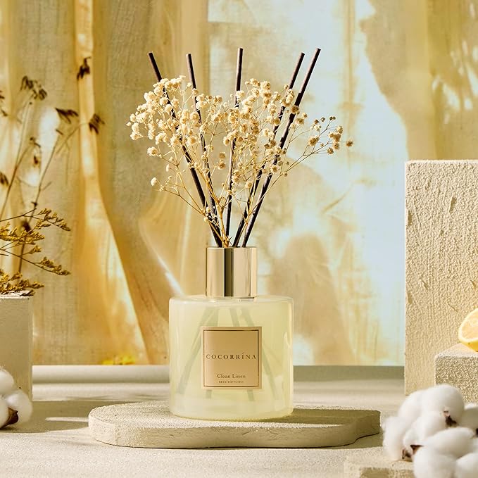 COCORRÍNA Reed Diffuser - Clean Linen 17 Fl.oz Reed Diffuser with 8 Sticks Scented Diffuser with Preserved Flowers for Bathroom Home Decor