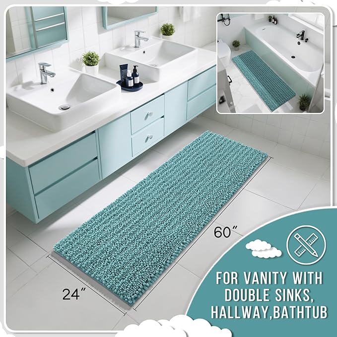 Yimobra Bathroom Runner Rug 60x24 Inch - Extra Long Non Slip Chenille Bath Mat, Soft & Absorbent, Machine Washable Shaggy Hallway Carpet for Vanity Tub Shower, Teal Blue Home Decor Accessories