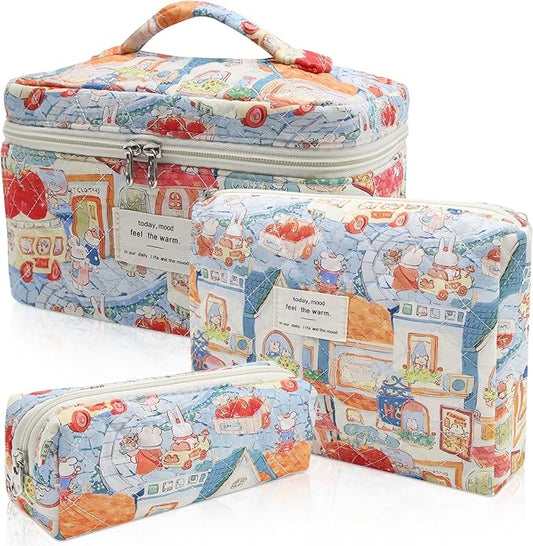 3pc Makeup Bag Set, Quilted Makeup Bag Set, Large Floral Cosmetic Bag for Women, Cute Cotton Makeup Bags, Flower Travel Toiletry Organizer Bag (Rabbit Print)